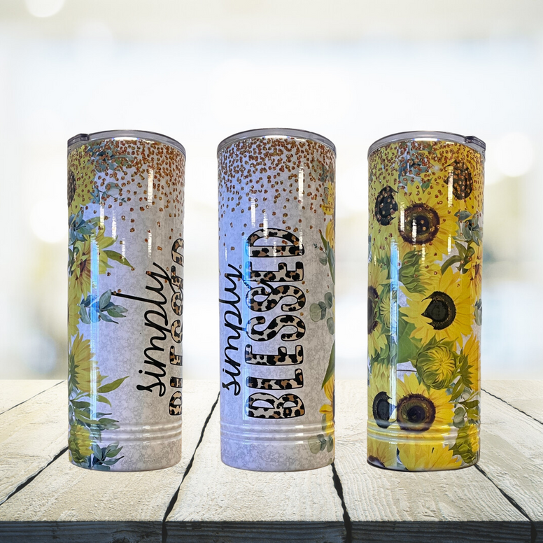 22 oz skinny tumbler - Simply blessed with sunflower design