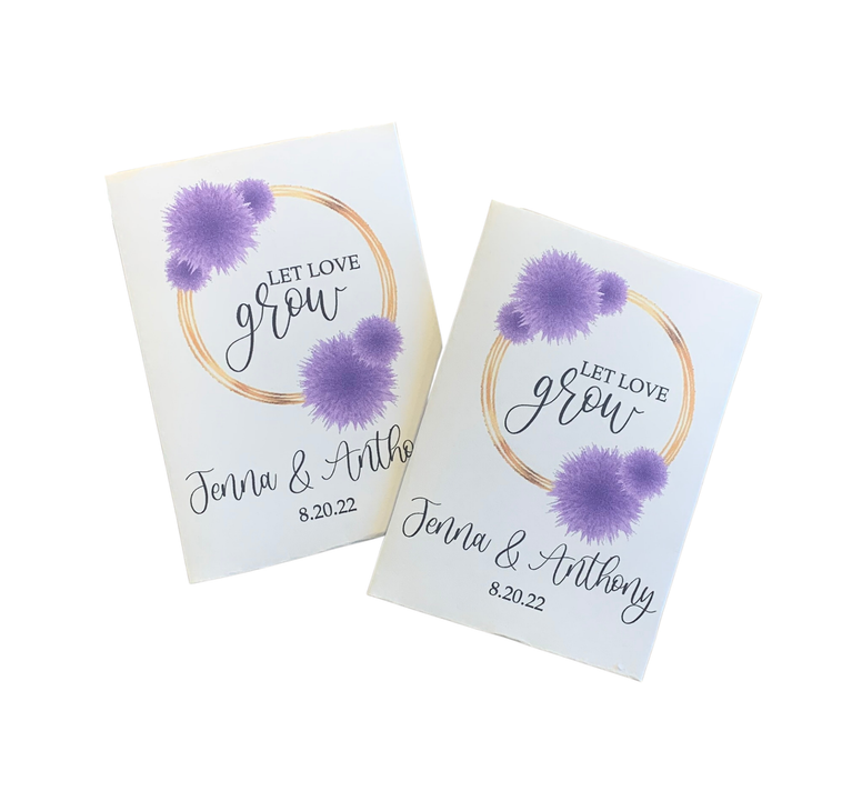 Purple Flowers Wedding Seed Packets With Circle Frame