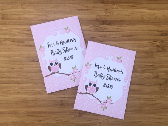 Pink owl baby shower seed packets favors