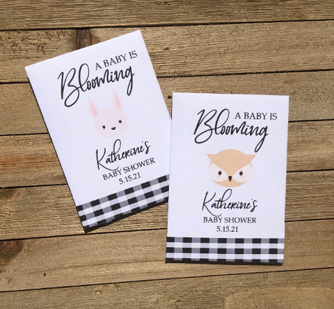 Custom Woodland creatures Baby Shower Seed Packets : Fox Bear Bunny Owl Hedgehog and Racoon  Mix