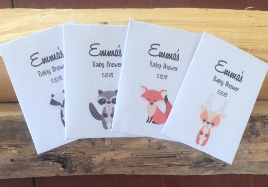 Woodland creatures Baby Shower Seed Packets : Fox , Deer, Racoon and Skunk Mix
