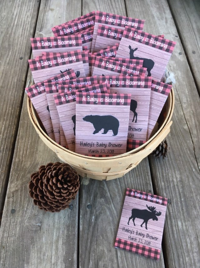 Red Buffalo Plaid Rustic Baby Shower Seed Packets Moose Bear Deer Fox variety