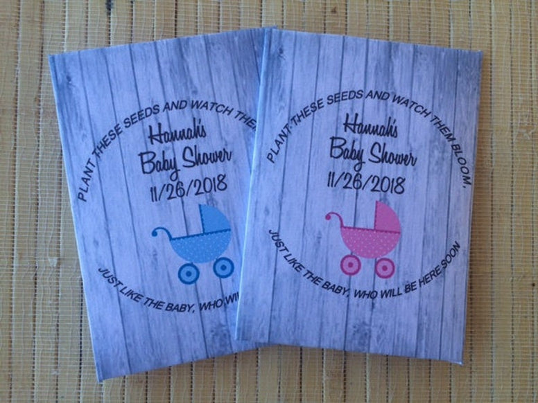 Pink or blue stroller baby shower seed packets favors