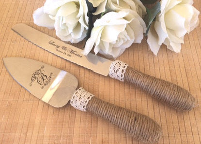 Cake serving set with burlap handle and optional matching flutes - Favor Universe