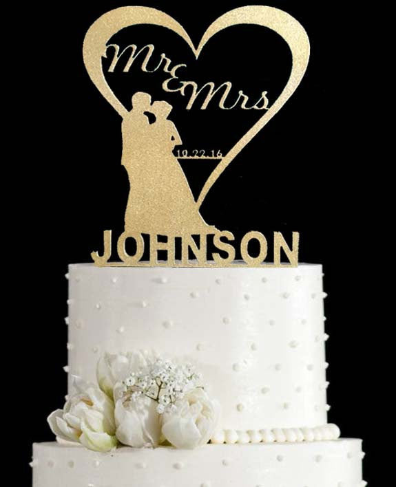 Wedding Cake Topper with heart and Silhouette