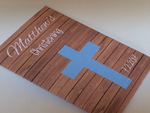 Blue Cross and Wood Background Baptism Seed Packets - Favor Universe
