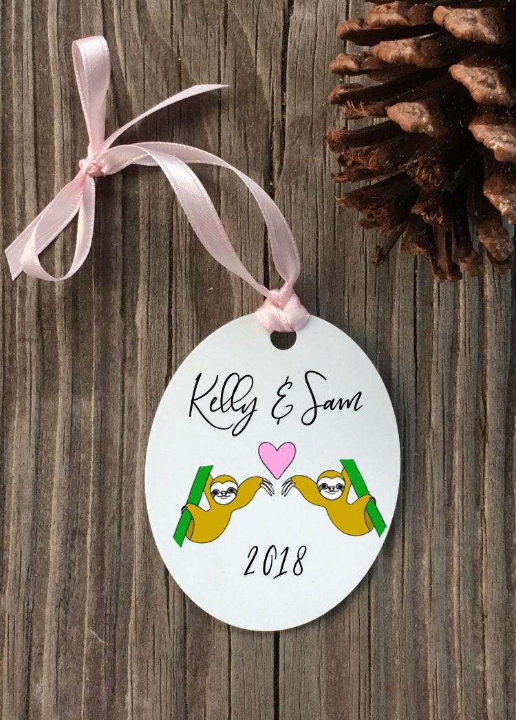 Custom sloth Ornament, sloth gift, sloth wedding, sloth engagement gift, sloth couple gift, sloth keepsake, personalized sloth gift, sloth - Favor Universe