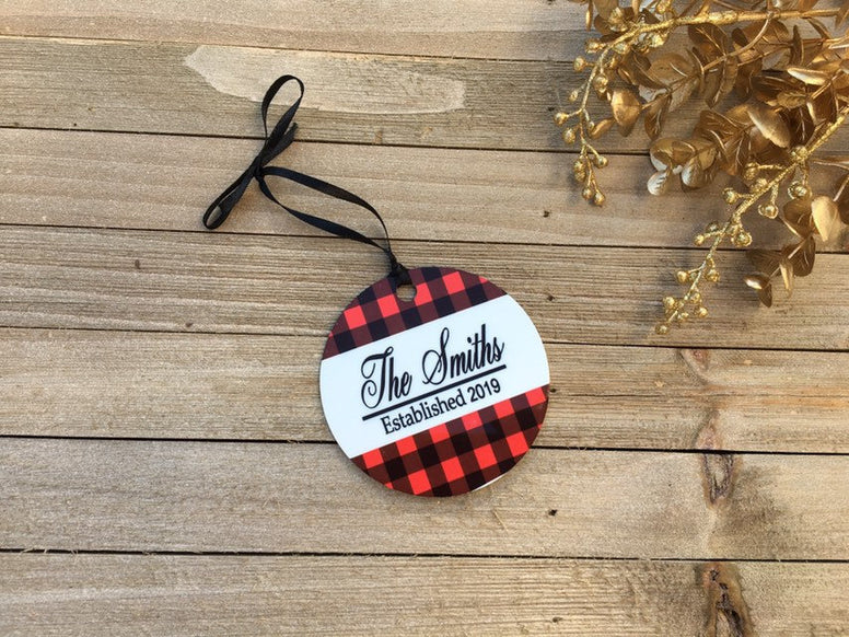 Custom red buffalo plaid Ornament, red plaid ornament, red buffalo plaid family ornament, red buffalo check ornament, buffalo plaid wedding - Favor Universe