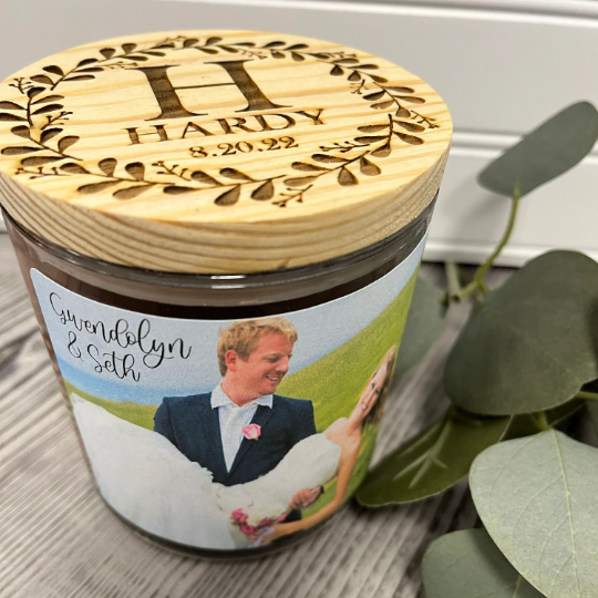 Personalized Photo Candle with engraved wood lid