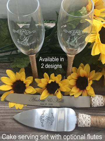 Cake serving set with burlap handle and optional matching flutes - Favor Universe