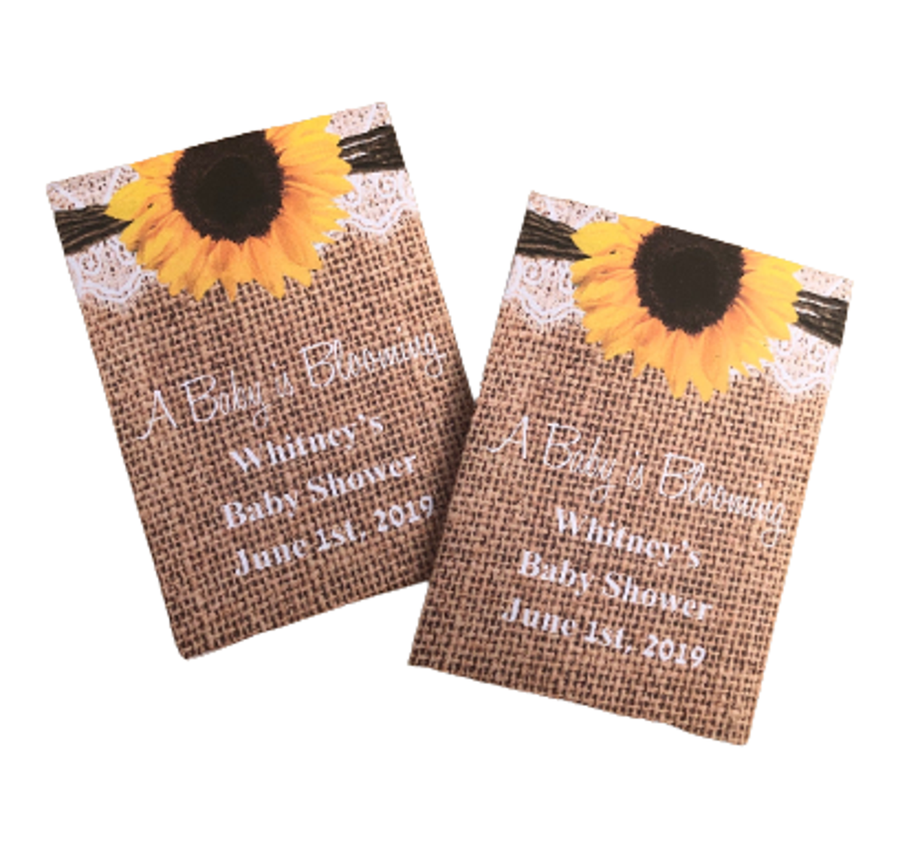 large flower seed packs Baby Shower Seed Packets with Burlap and Lace and Large Sunflower – Favor Universe